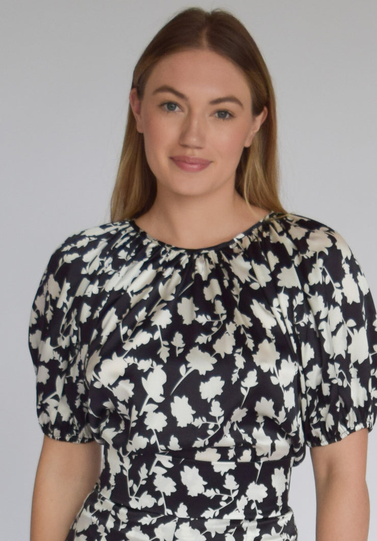 Gathered Neck Top Shadow Floral Black & White