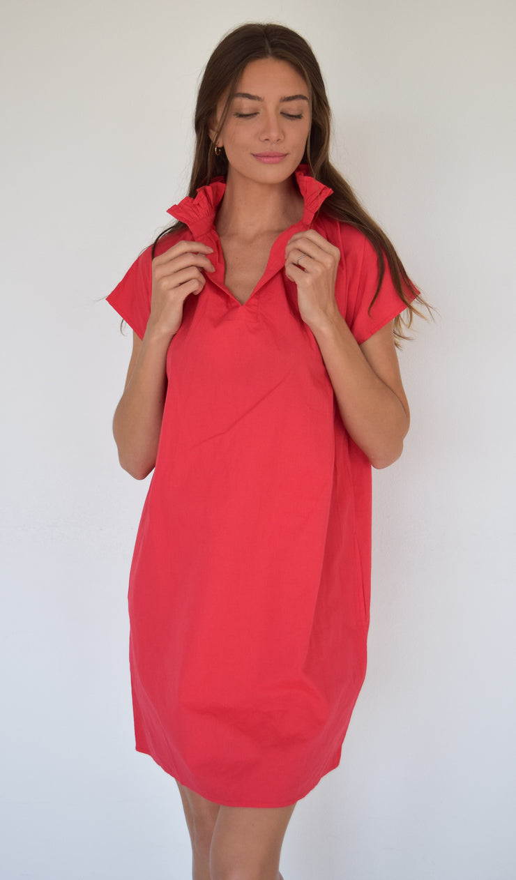 Vicki Short Sleeve Dress Red Solid Cotton Cambric