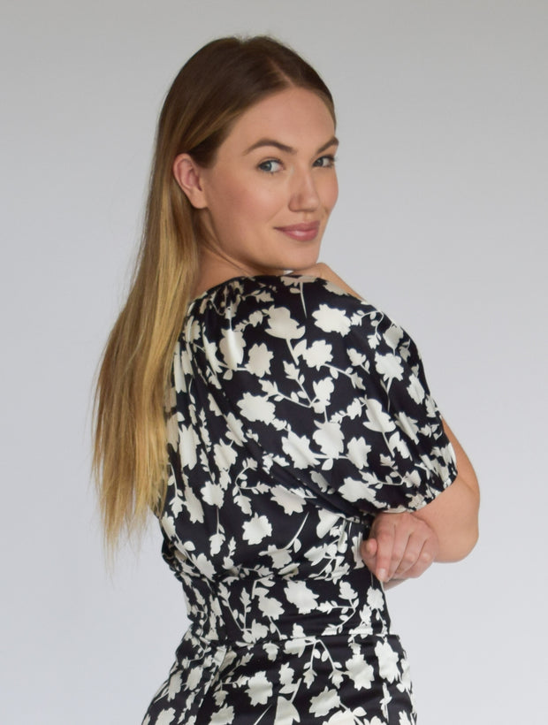 Gathered Neck Top Shadow Floral Black & White