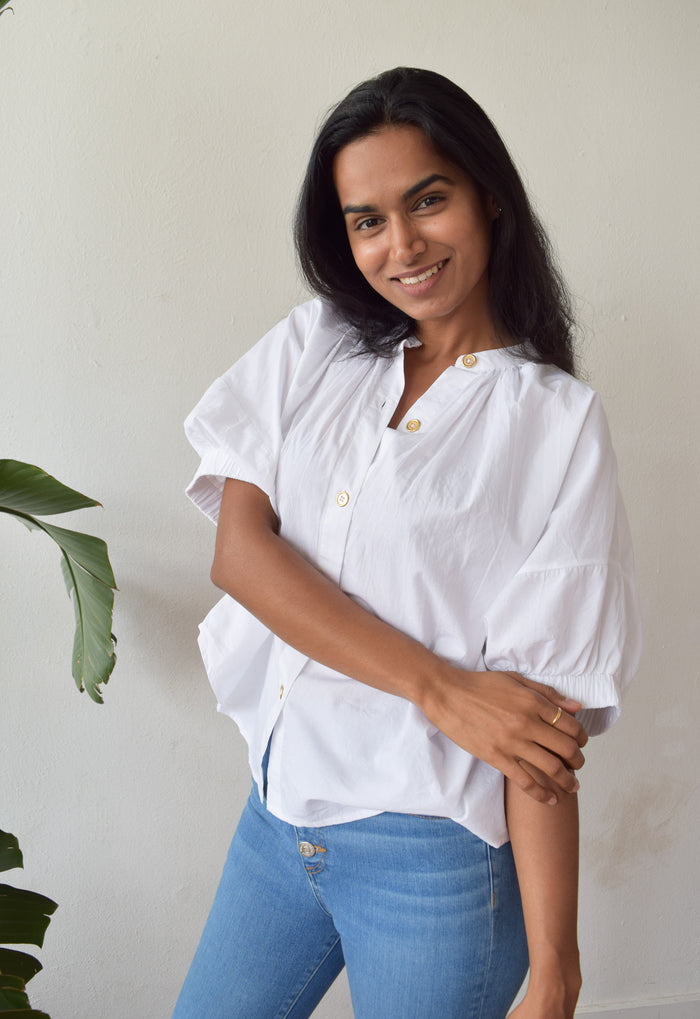 Elastic Sleeve Top White Poplin