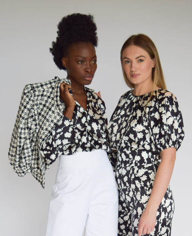 Gathered Neck Top Shadow Floral Black & White