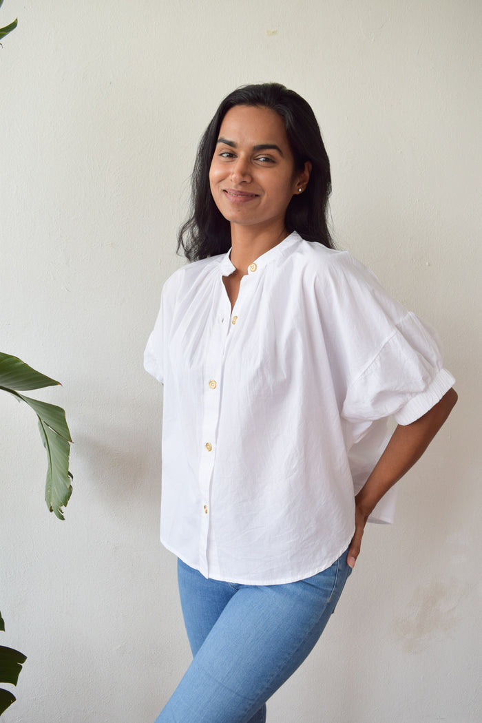Elastic Sleeve Top White Poplin