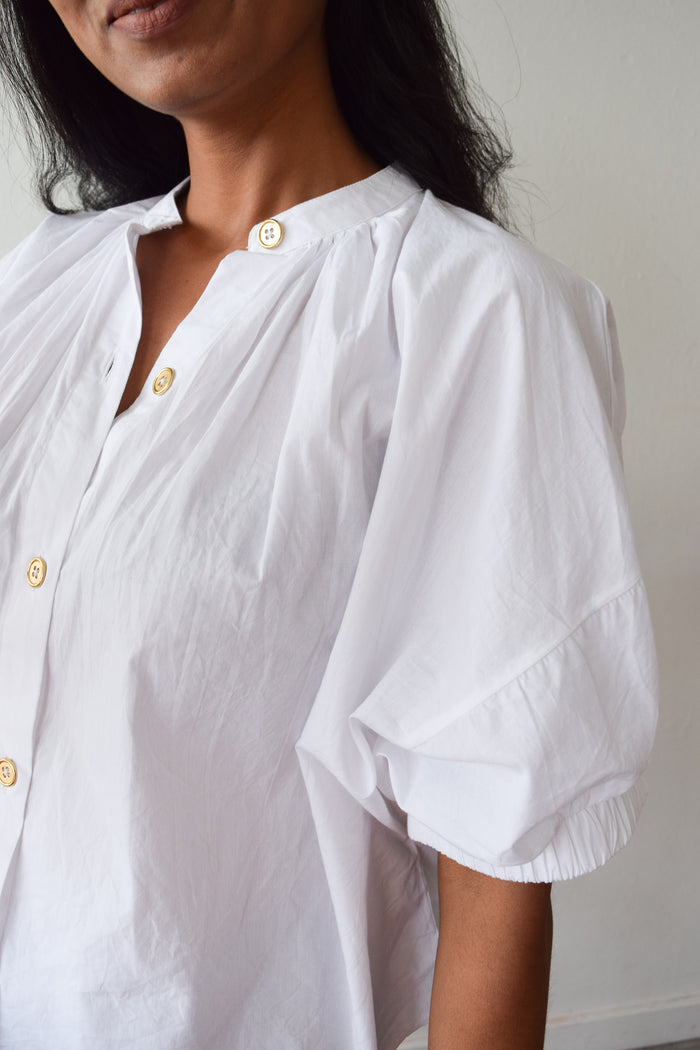 Elastic Sleeve Top White Poplin