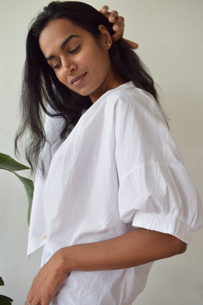 Elastic Sleeve Top White Poplin