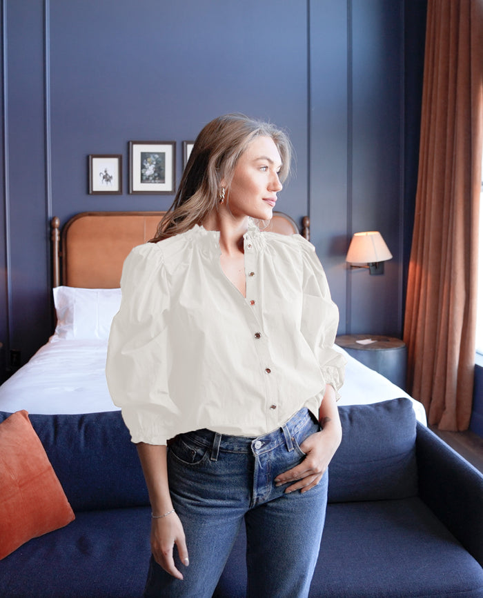 Elastic Collar Top Cream Poplin