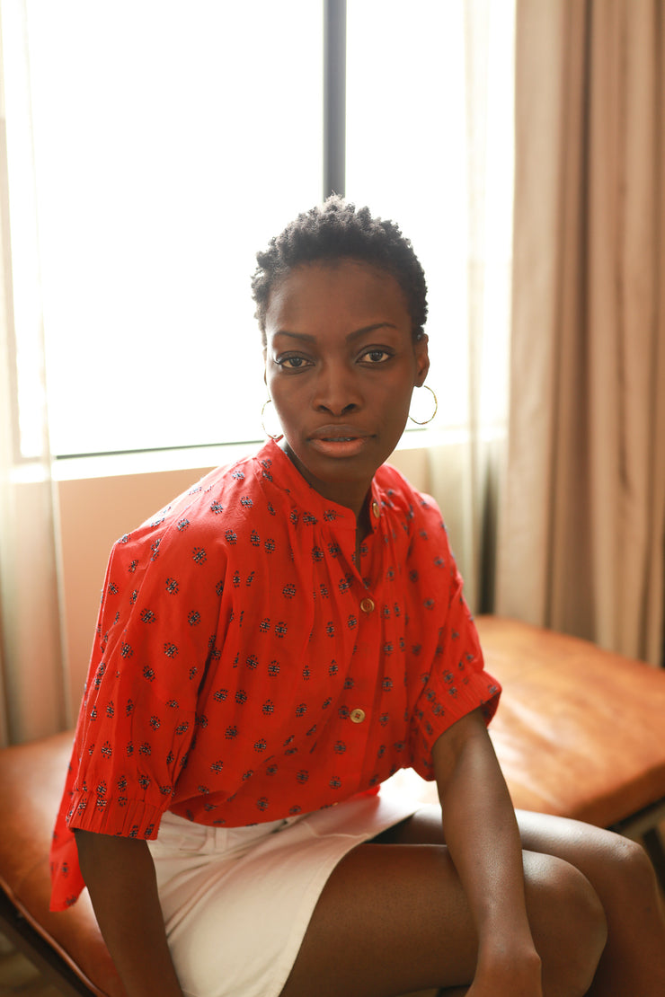 Red Cross Hatch Elastic Sleeve Top
