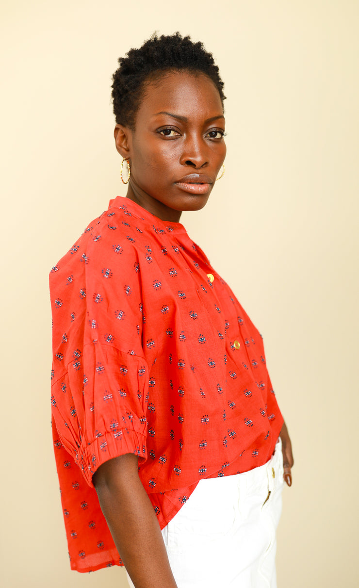 Red Cross Hatch Elastic Sleeve Top