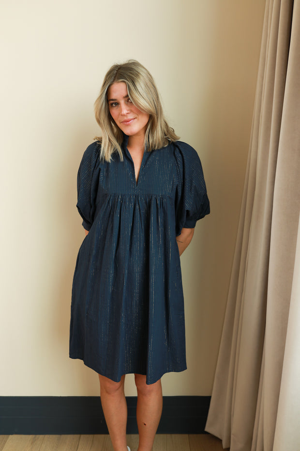 Navy Gold Pin Stripe High Neck Dress
