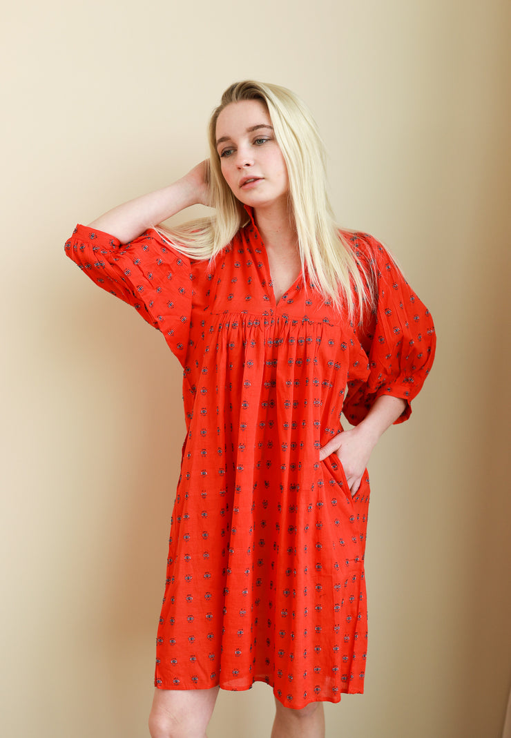 Red Cross Hatch High Neck Dress