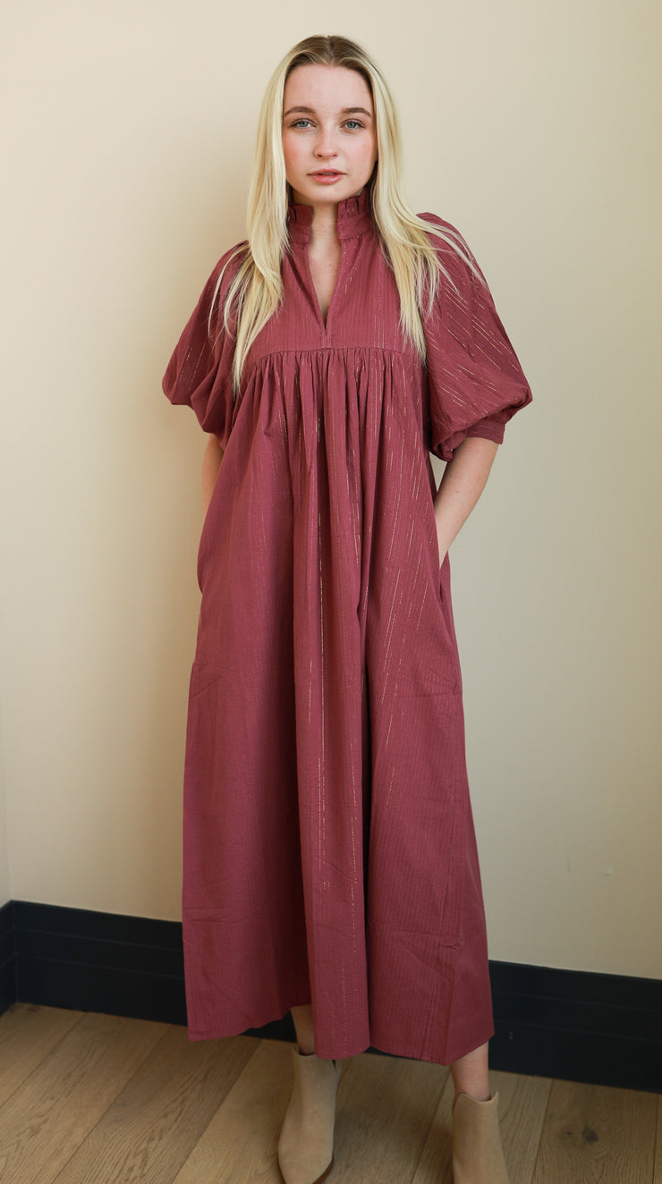 Cranberry Gold Pin Stripe High Neck Midi Dress