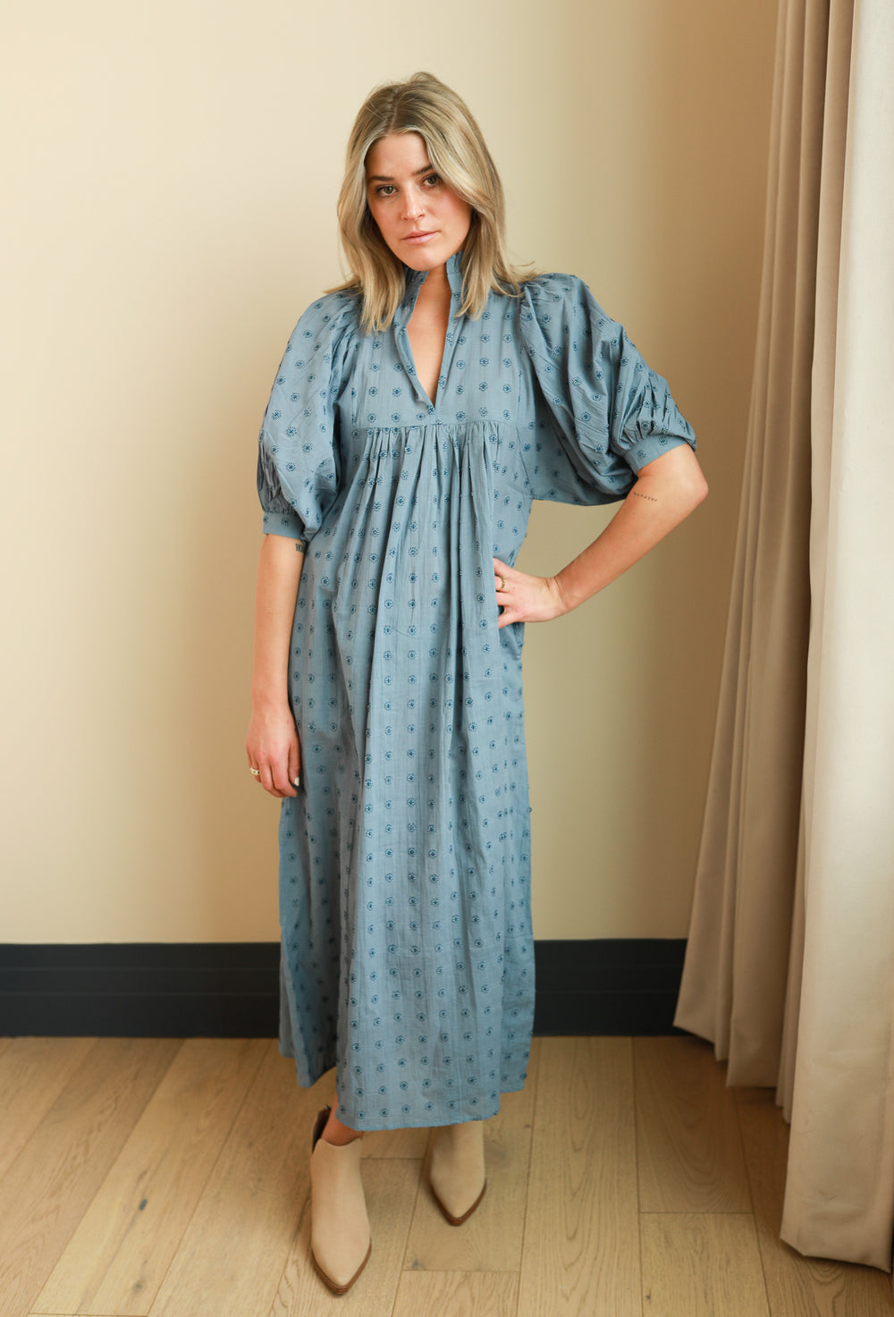 Blue Cross Hatch High Neck Midi Dress