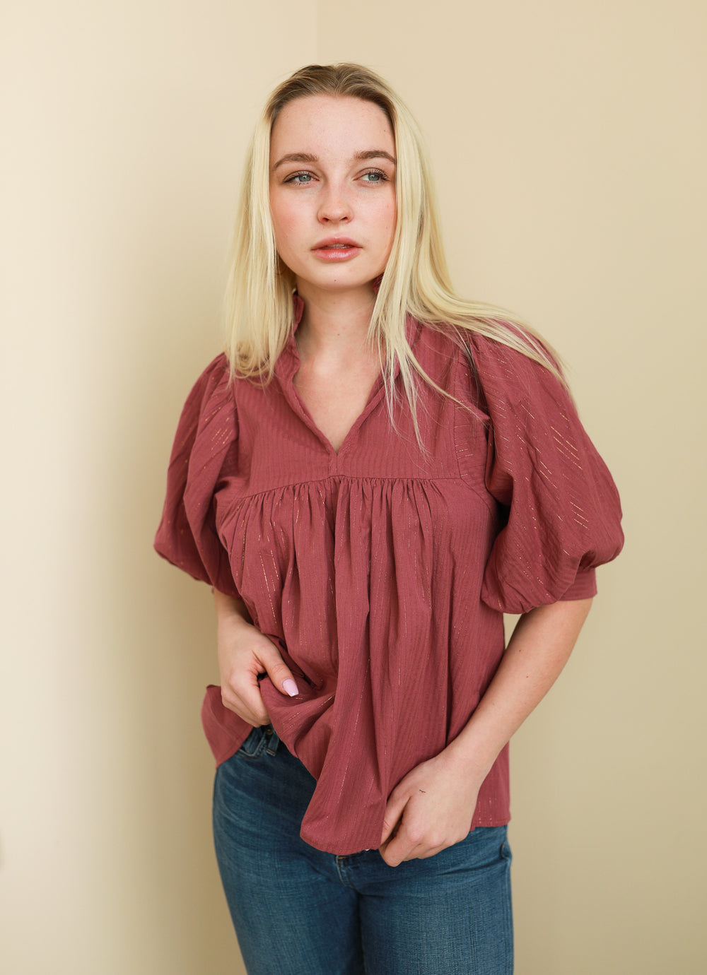 Cranberry Gold Pin Stripe High Neck Top