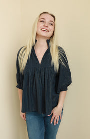 Navy Gold Pin Stripe High Neck Top