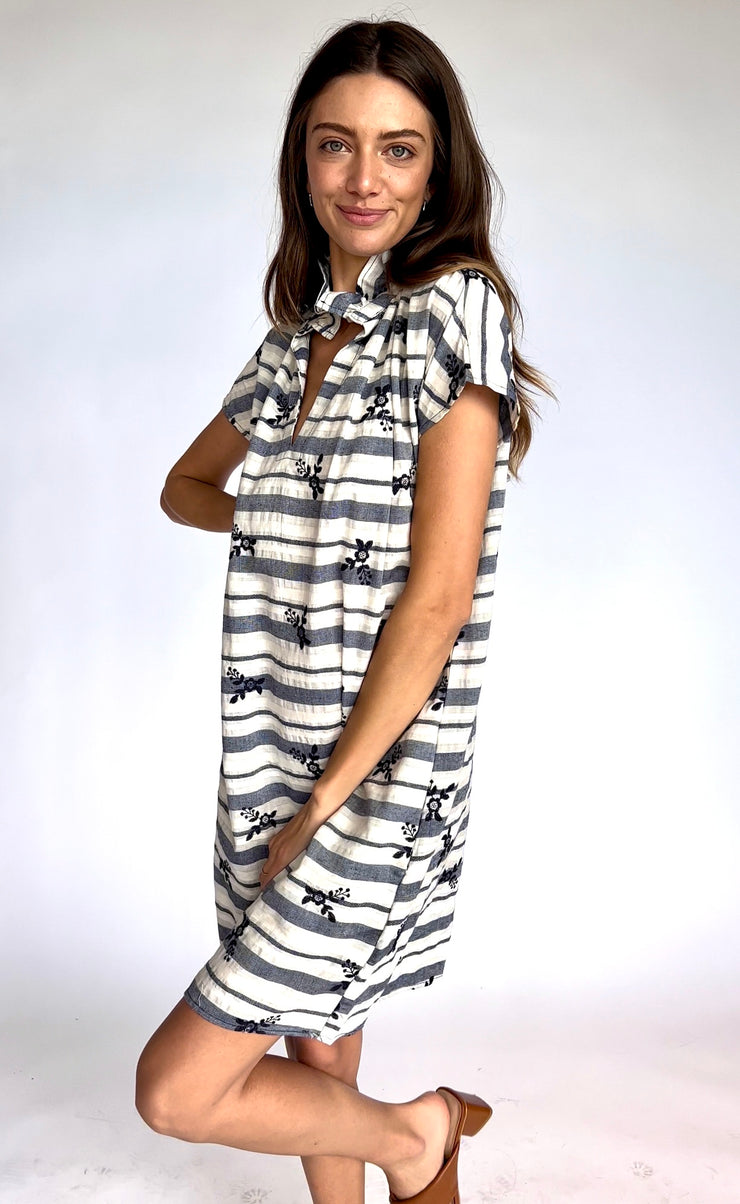 Navy Stripe Embroidery Vicki Dress