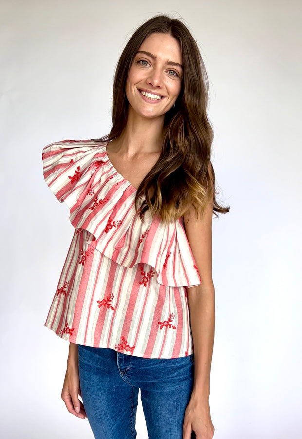 True Red Stripe Embroidery One Shoulder Top
