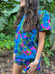 Maui Floral Jewel Neck Short Sleeve Top