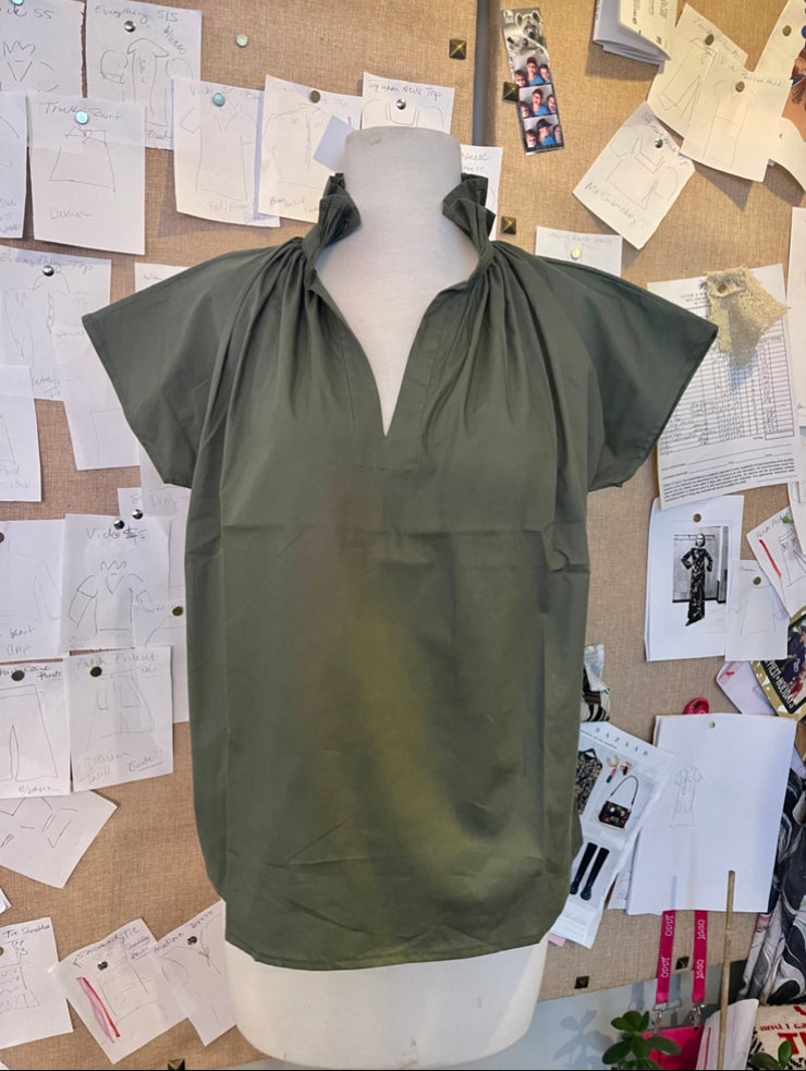 Olive Green Poplin Vicki Short Sleeve Top