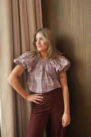 Burgundy Plaid Gathered Neck Top