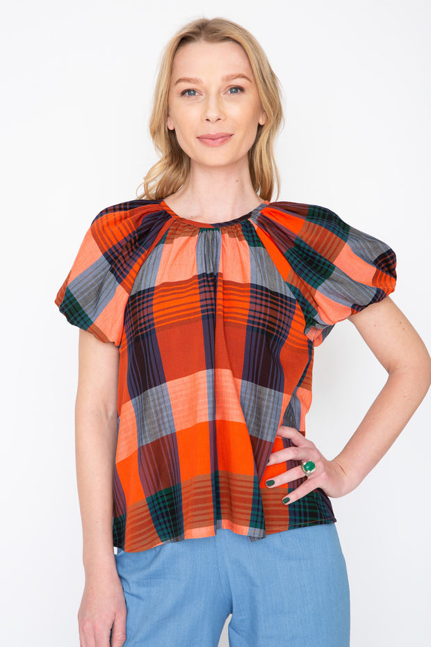 Red and Blue Plaid Gathered Neck Top