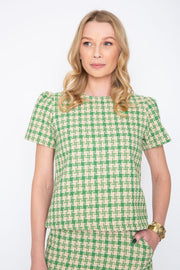 Apple Green Tweed Jewel Neck Short Sleeve Top
