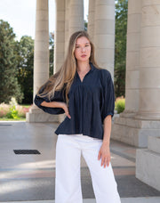 Navy Gold Pin Stripe High Neck Top