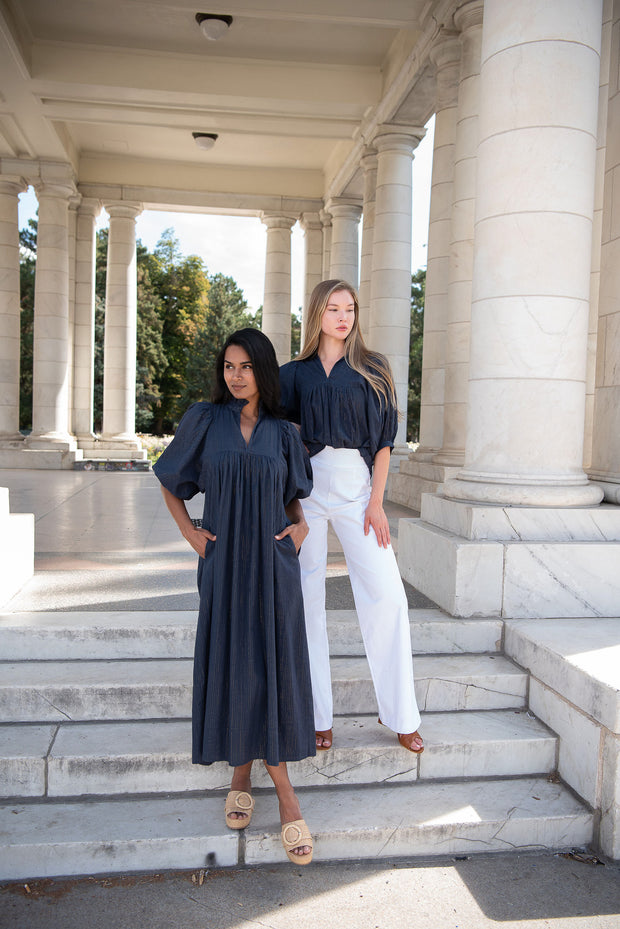 Navy Gold Pin Stripe High Neck Midi Dress