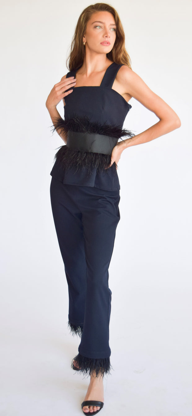 Crop Flare Pants with Feathers Navy