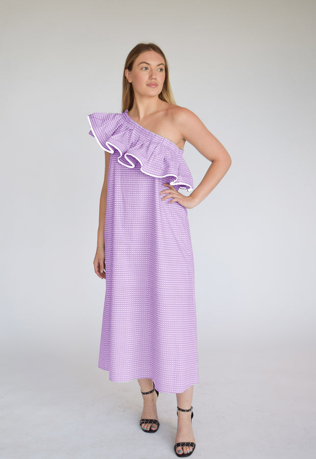 Pink & Purple Check One Shoulder Midi Dress