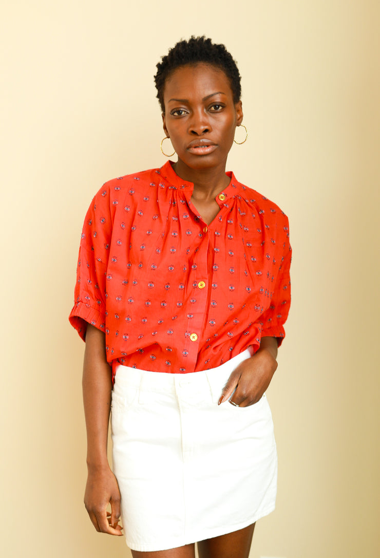 Red Cross Hatch Elastic Sleeve Top