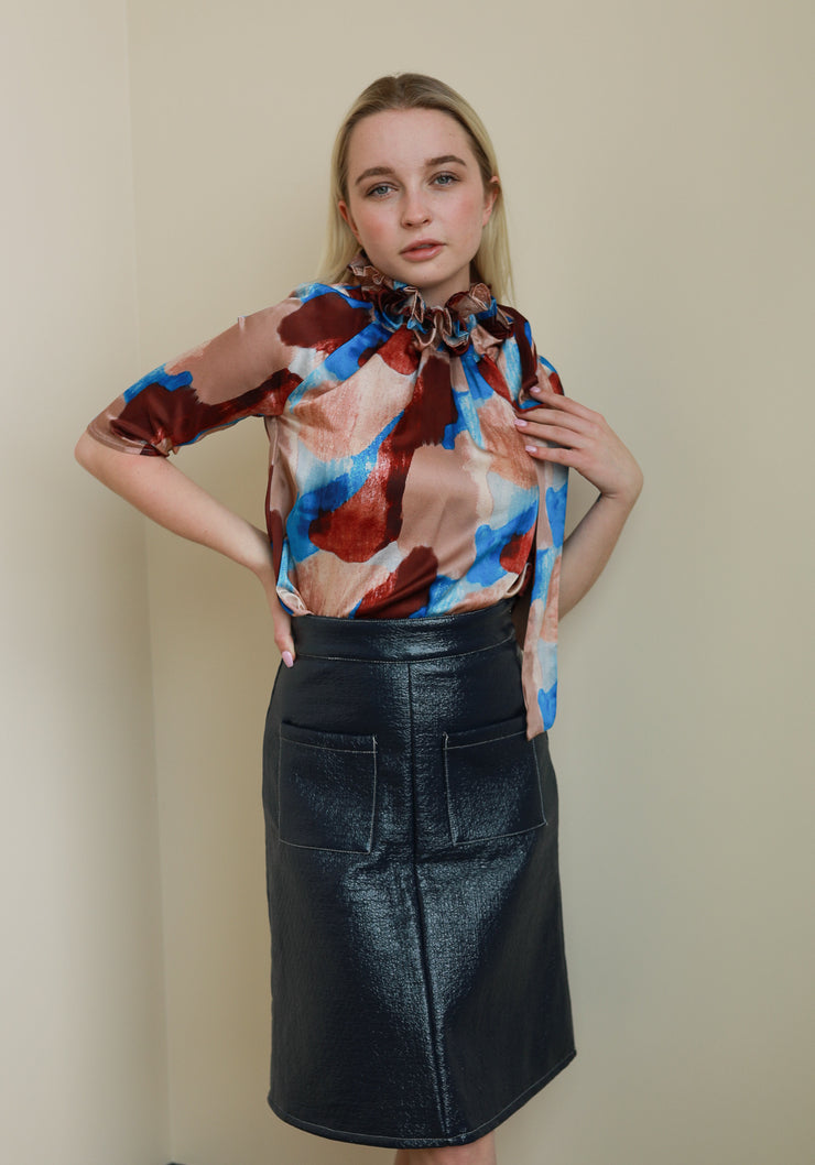 Navy Coated A-line Patch Pocket Skirt