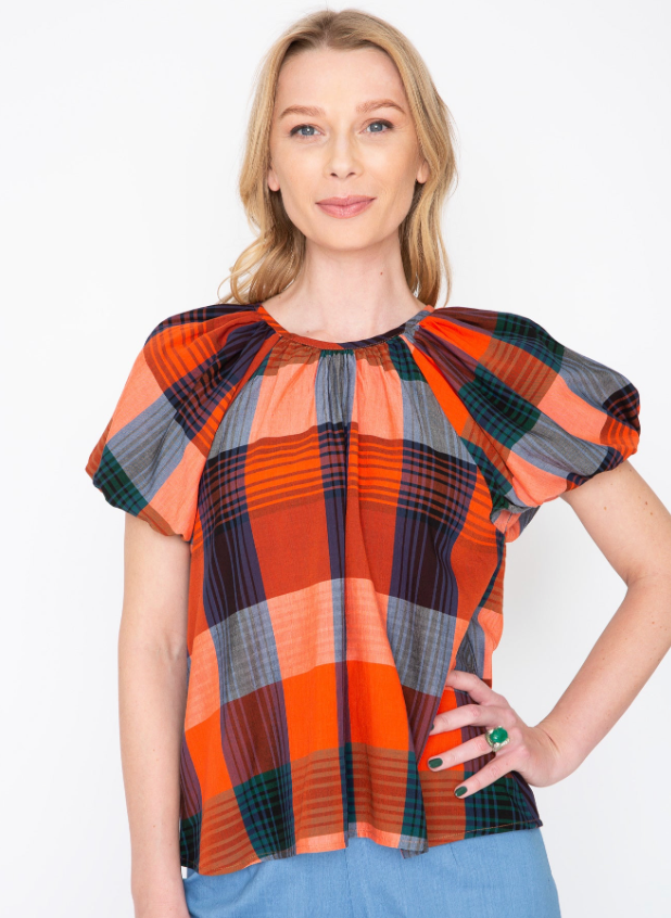 Red and Blue Plaid Gathered Neck Top