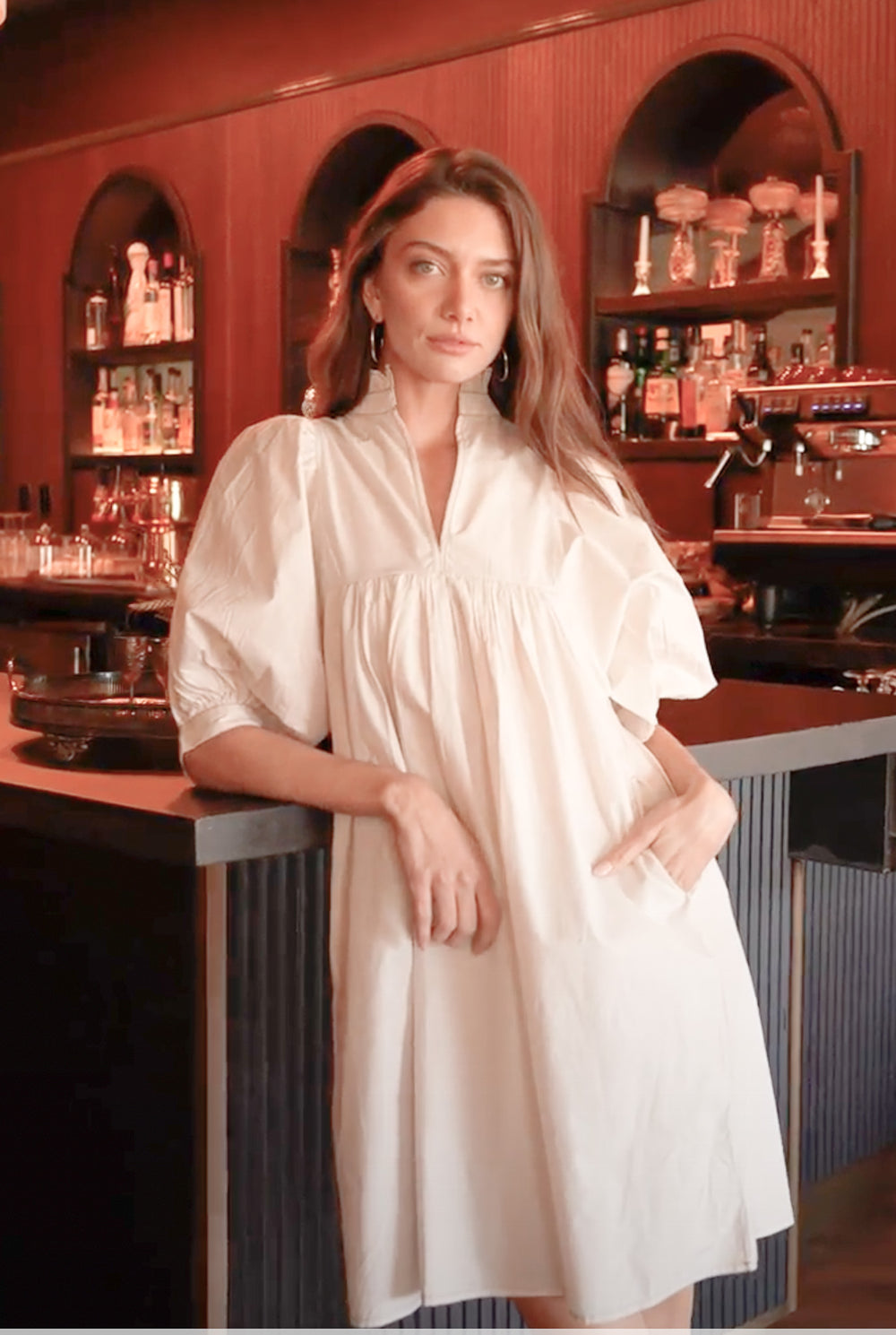 High Neck Dress Cream with Black Thread