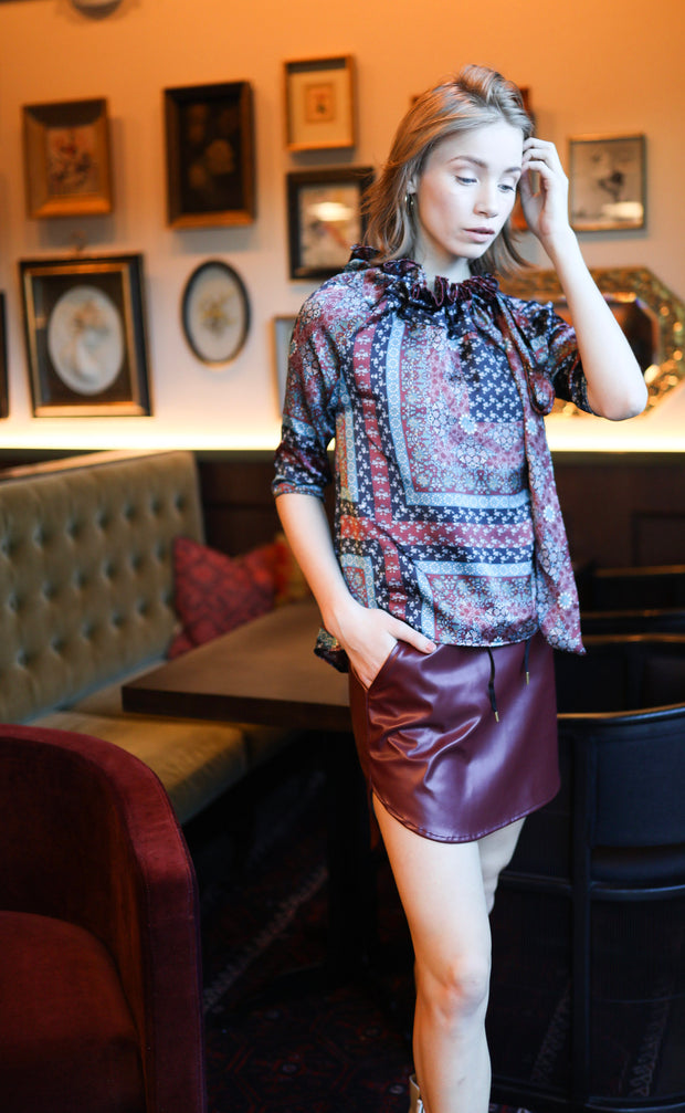 Burgundy Faux Leather Track Skirt