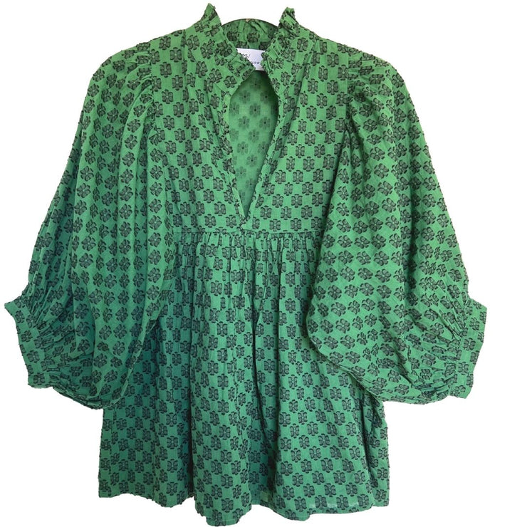 Green & Black Floral High Neck Top