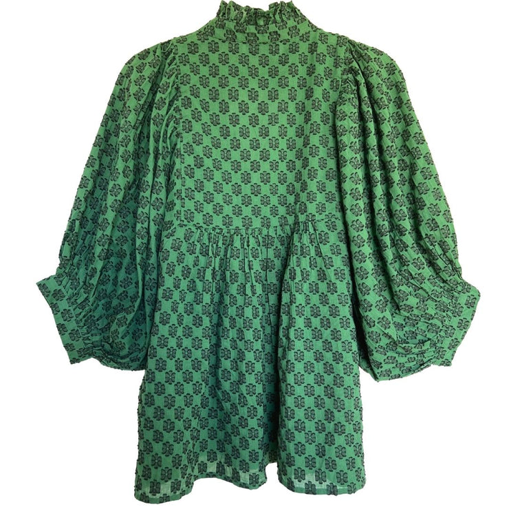 Green & Black Floral High Neck Top