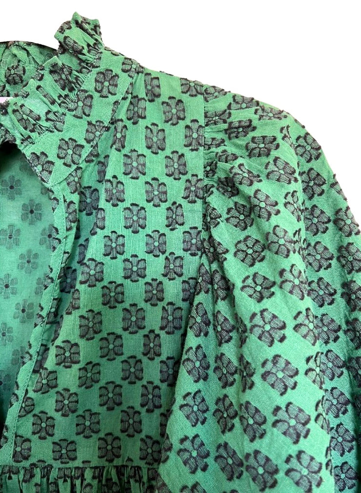 Green & Black Floral High Neck Top