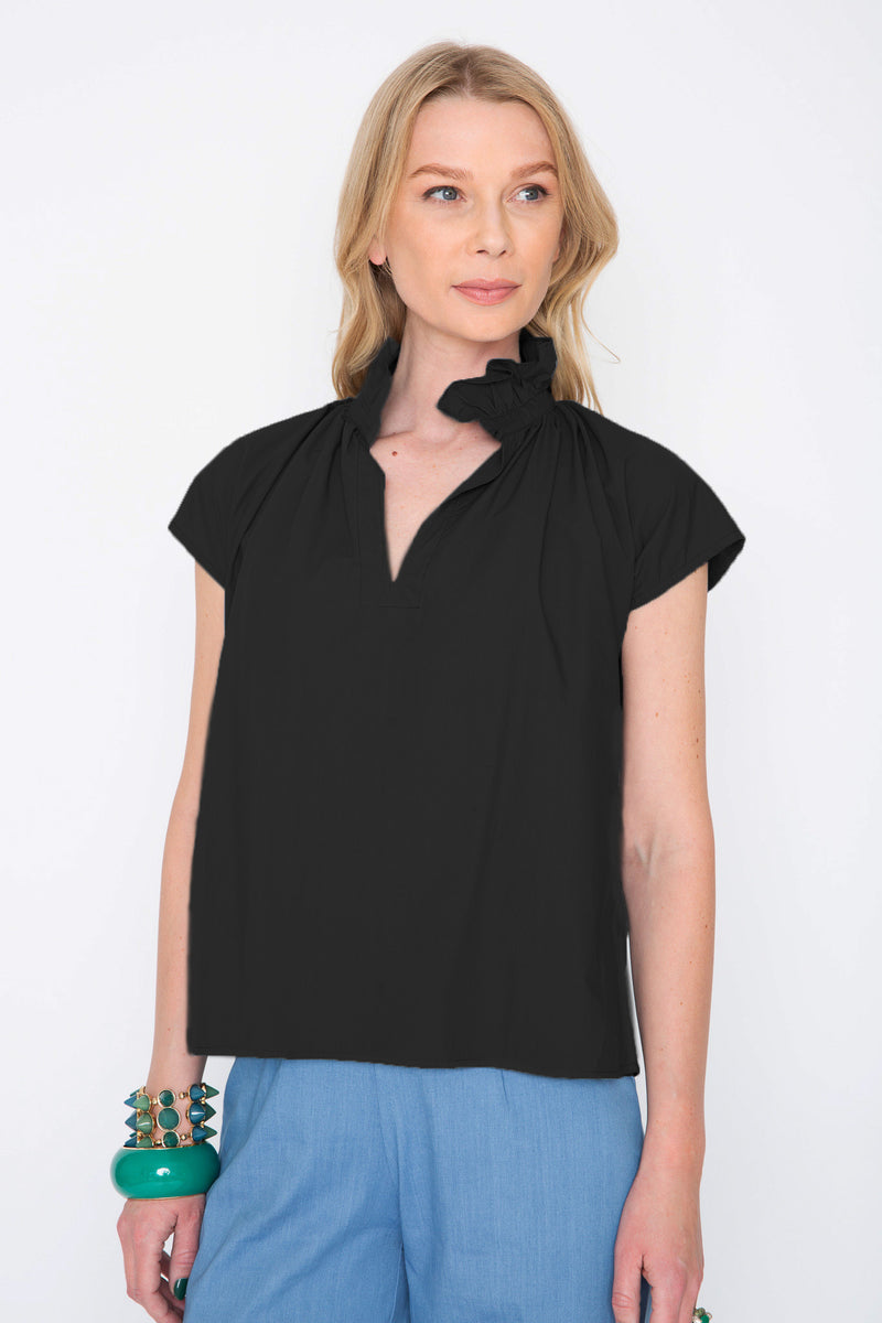 Vicki Short Sleeve Top Black Poplin